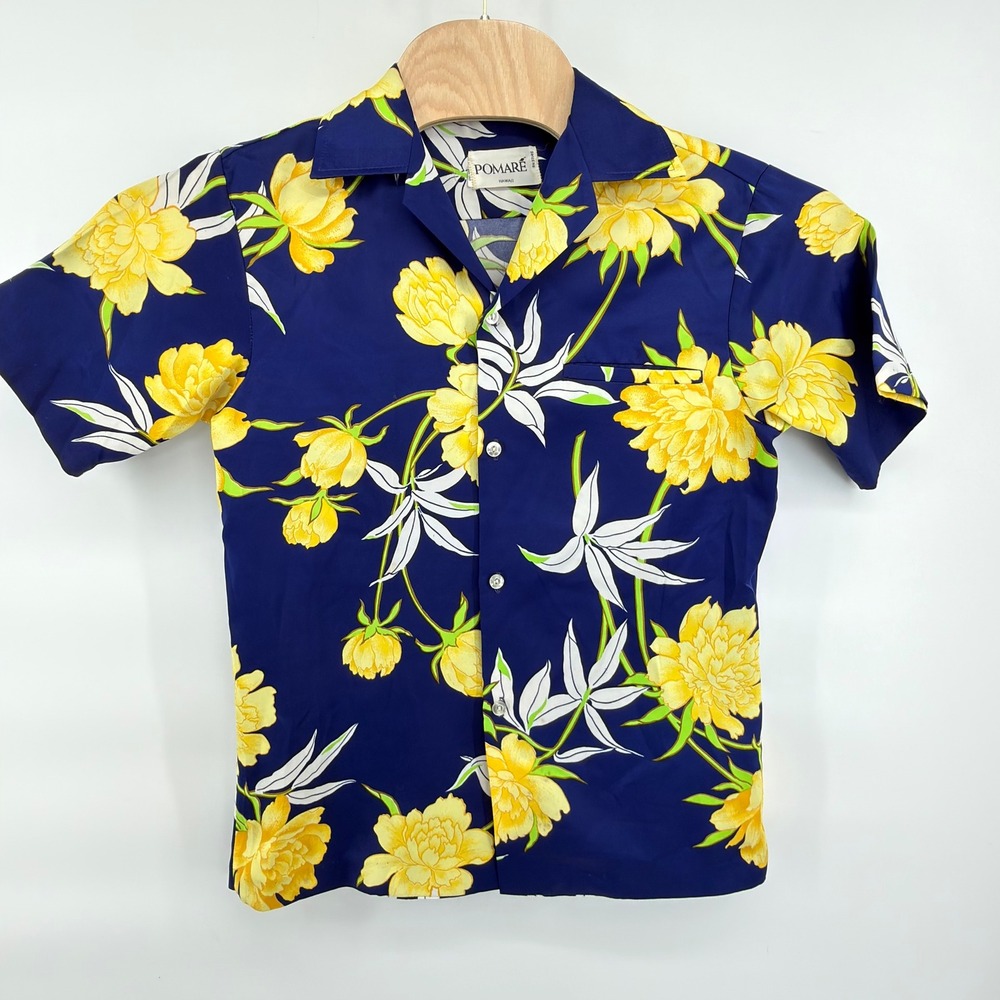Pomare Aloha Shirt Mens S Blue Yellow White Green Floral Vintage Made in Hawaii